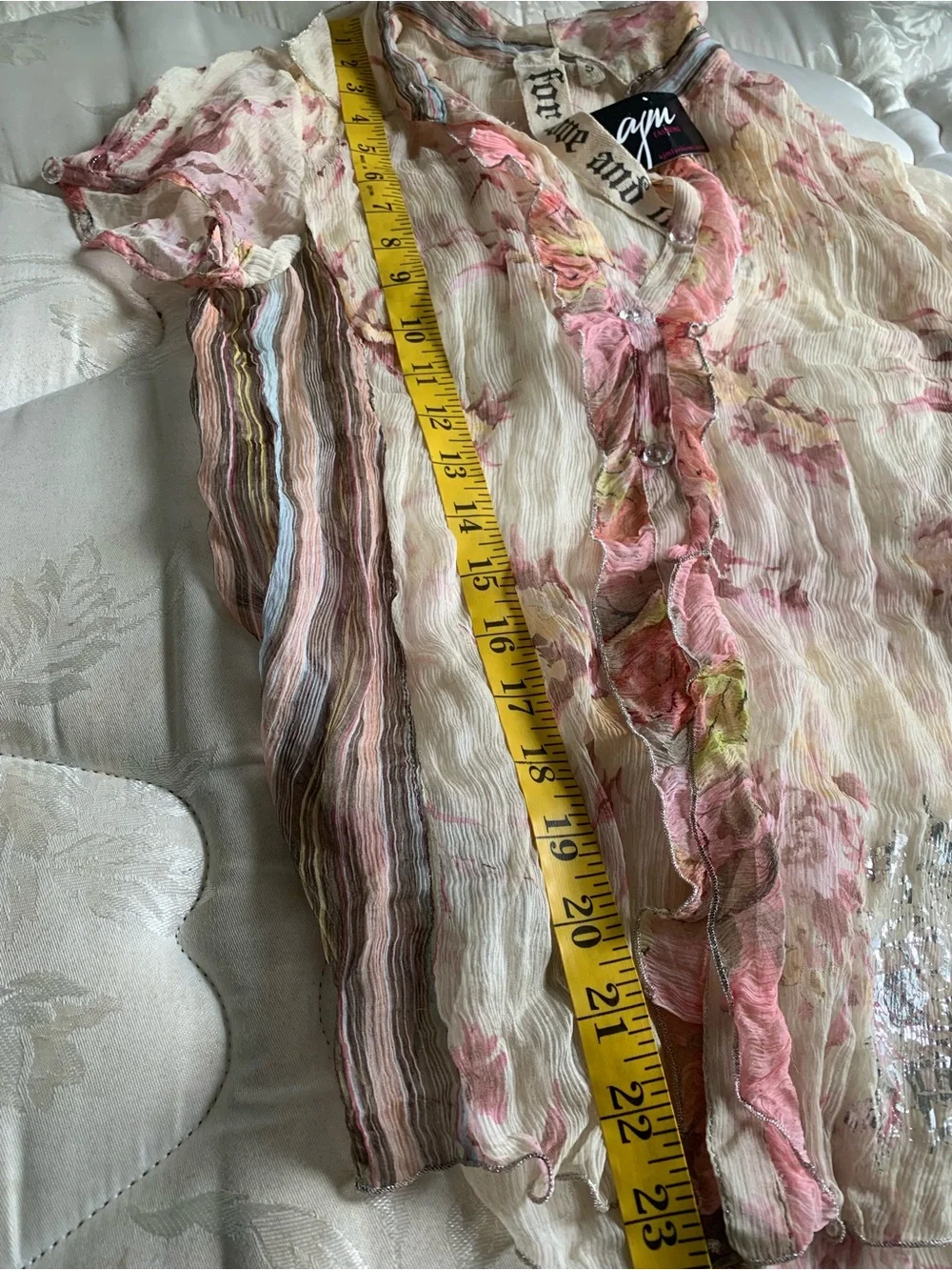 VTG Y2K Johnny Was For Love & Liberty Sheer Floral Silk Ruffle Button Blouse NWT